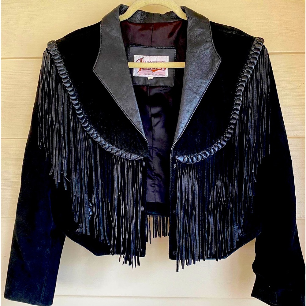 Vintage 70s Western Black Leather Fringe Jacket size Medium